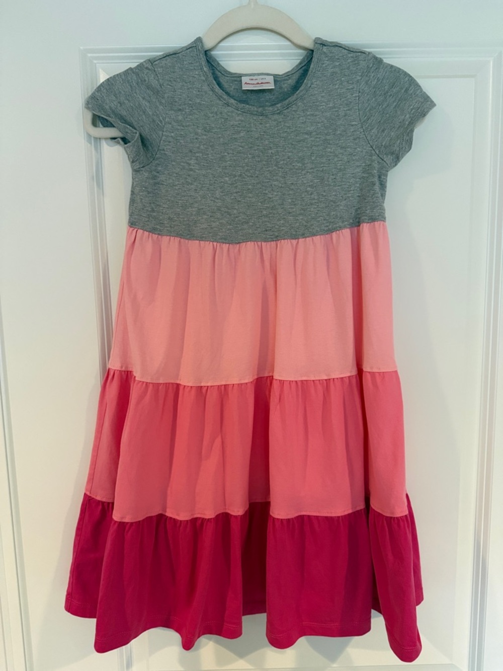 Girls Hanna Andersson Grey Pink Colorblock Tiered Cotton Twirl Dress size 8